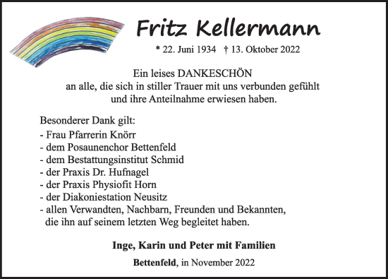 Traueranzeige von Fritz Kellermann von Rothenburg