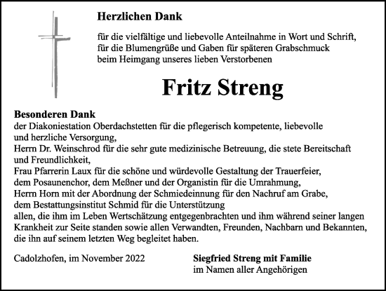 Traueranzeige von Fritz Streng von Ansbach
