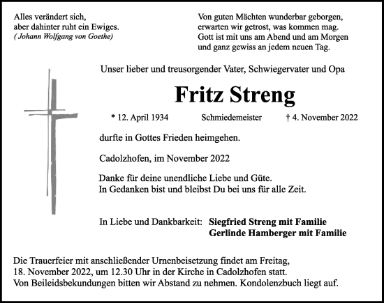Traueranzeige von Fritz Streng von Ansbach