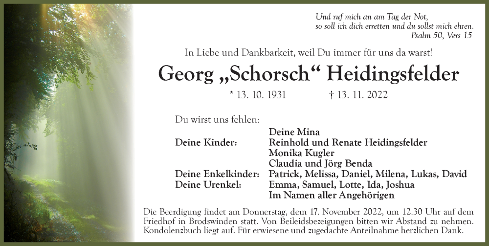  Traueranzeige für Georg Heidingsfelder vom 15.11.2022 aus Ansbach