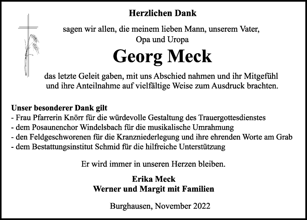  Traueranzeige für Georg Meck vom 30.11.2022 aus Ansbach