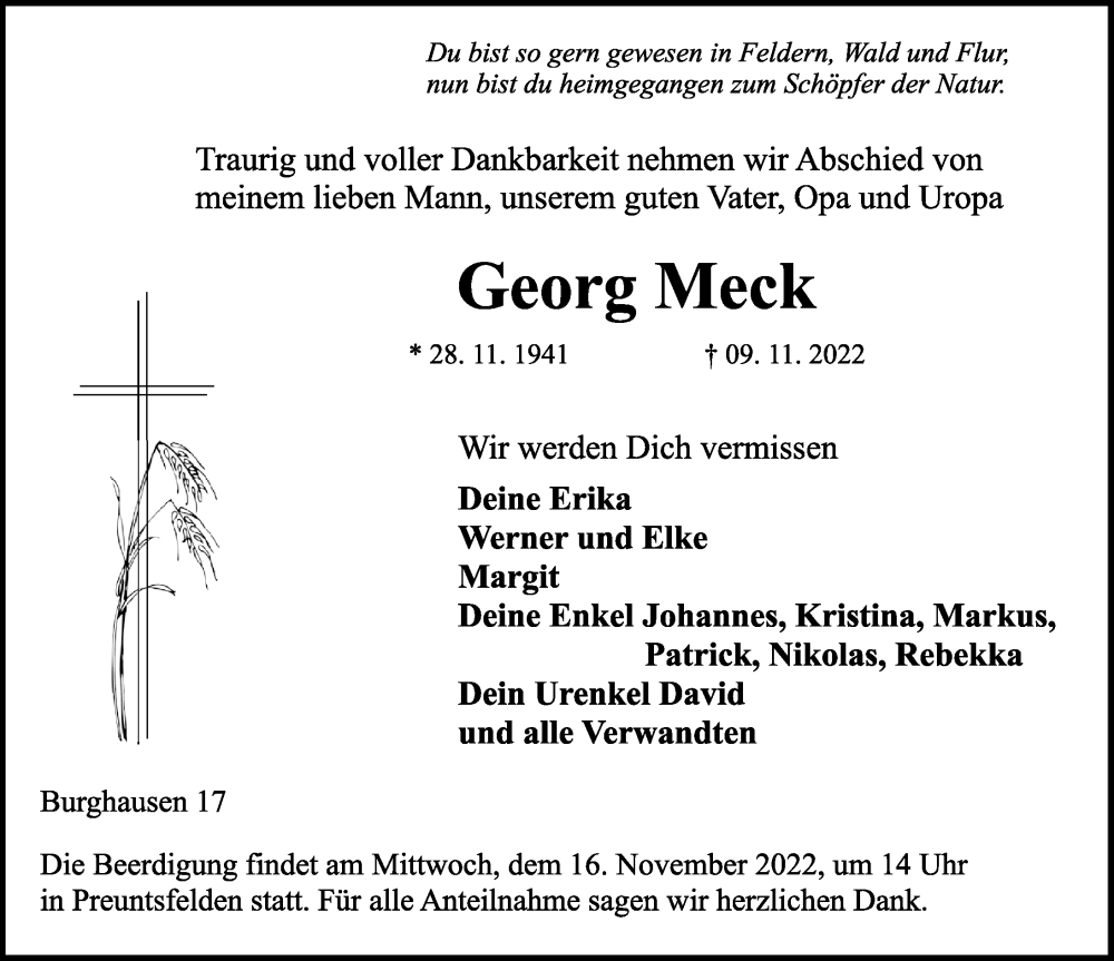  Traueranzeige für Georg Meck vom 14.11.2022 aus Ansbach