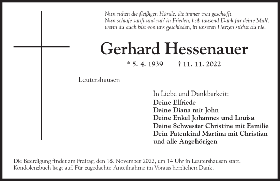 Traueranzeige von Gerhard Hessenauer von Ansbach