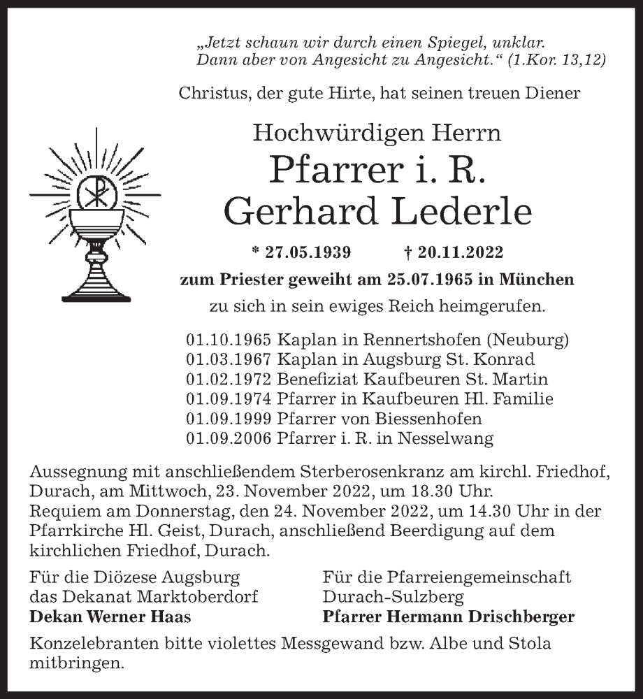  Traueranzeige für Gerhard Lederle vom 23.11.2022 aus Dinkelsbühl/ Feuchtwangen