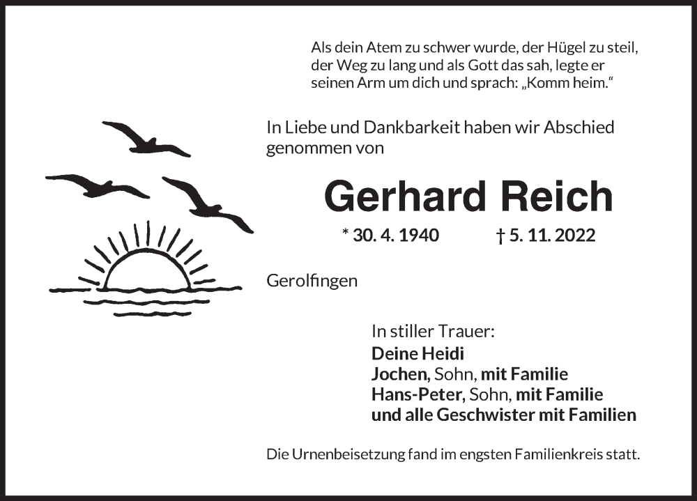  Traueranzeige für Gerhard Reich vom 19.11.2022 aus Dinkelsbühl/ Feuchtwangen