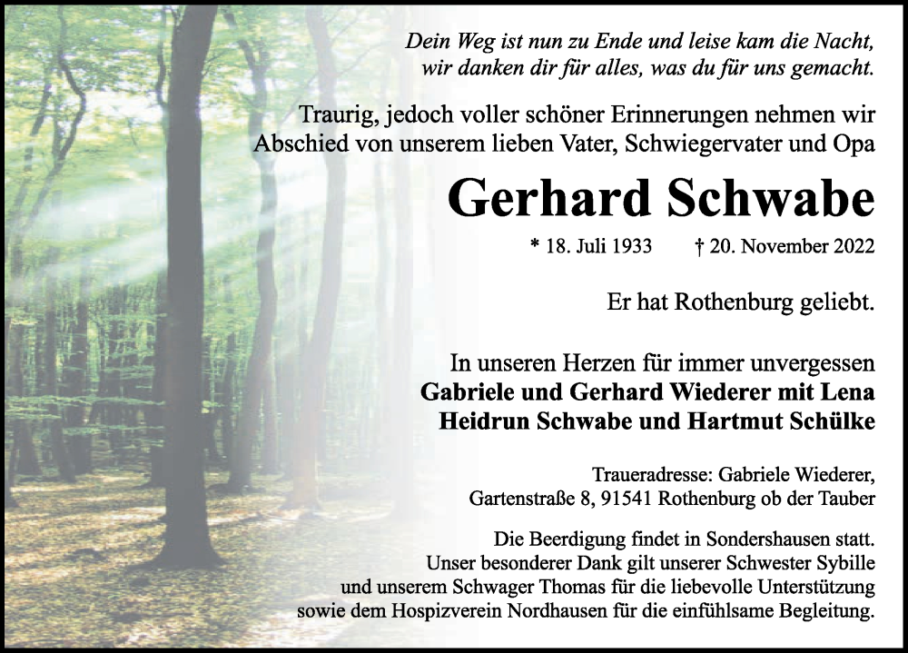  Traueranzeige für Gerhard Schwabe vom 23.11.2022 aus Rothenburg