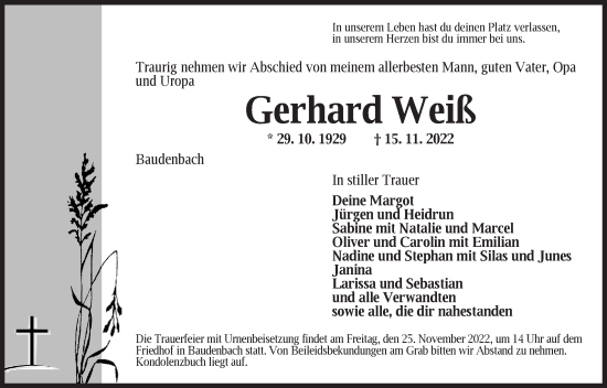 Traueranzeige von Gerhard Weiß von Neustadt/ Scheinfeld/ Uffenheim