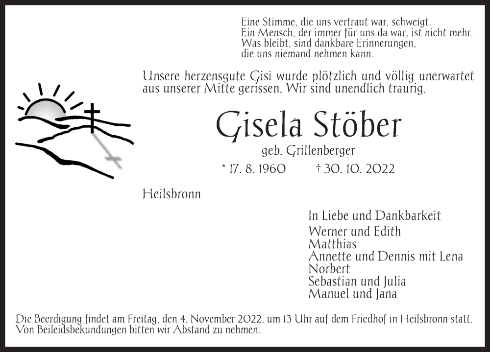  Traueranzeige für Gisela Stöber vom 01.11.2022 aus Ansbach