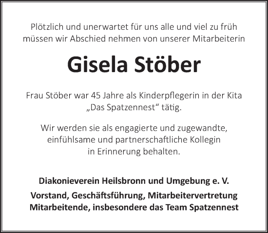 Traueranzeige von Gisela Stöber von Ansbach