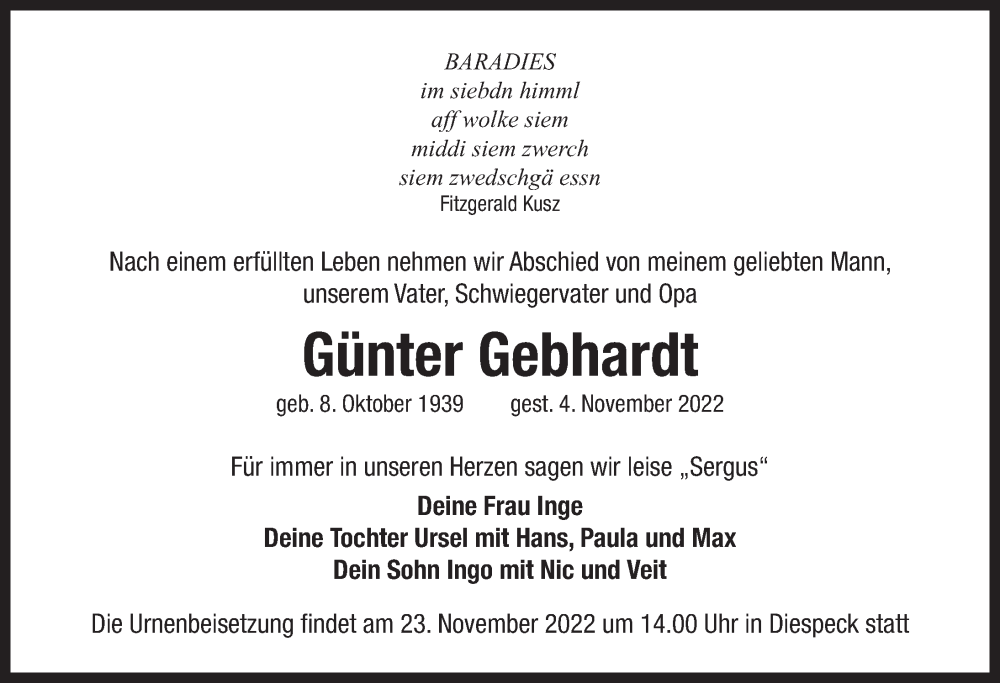  Traueranzeige für Günter Gebhardt vom 19.11.2022 aus Neustadt/ Scheinfeld/ Uffenheim