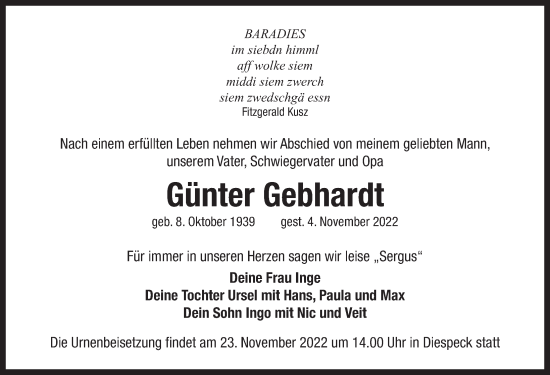 Traueranzeige von Günter Gebhardt von Neustadt/ Scheinfeld/ Uffenheim