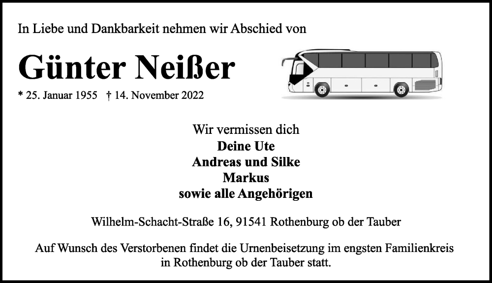  Traueranzeige für Günter Neißer vom 19.11.2022 aus Rothenburg