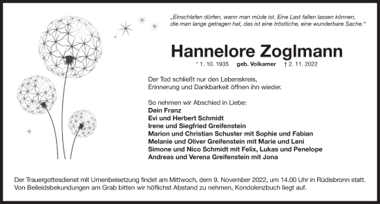 Traueranzeige von Hannelore Zoglmann von Neustadt/ Scheinfeld/ Uffenheim