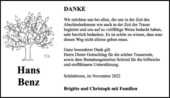 Traueranzeige von Hans Benz von Rothenburg