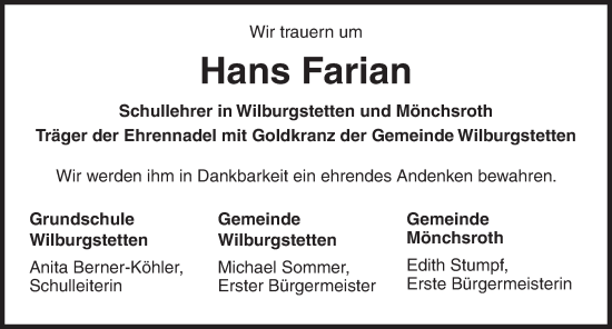 Traueranzeige von Hans Farian von Dinkelsbühl/ Feuchtwangen