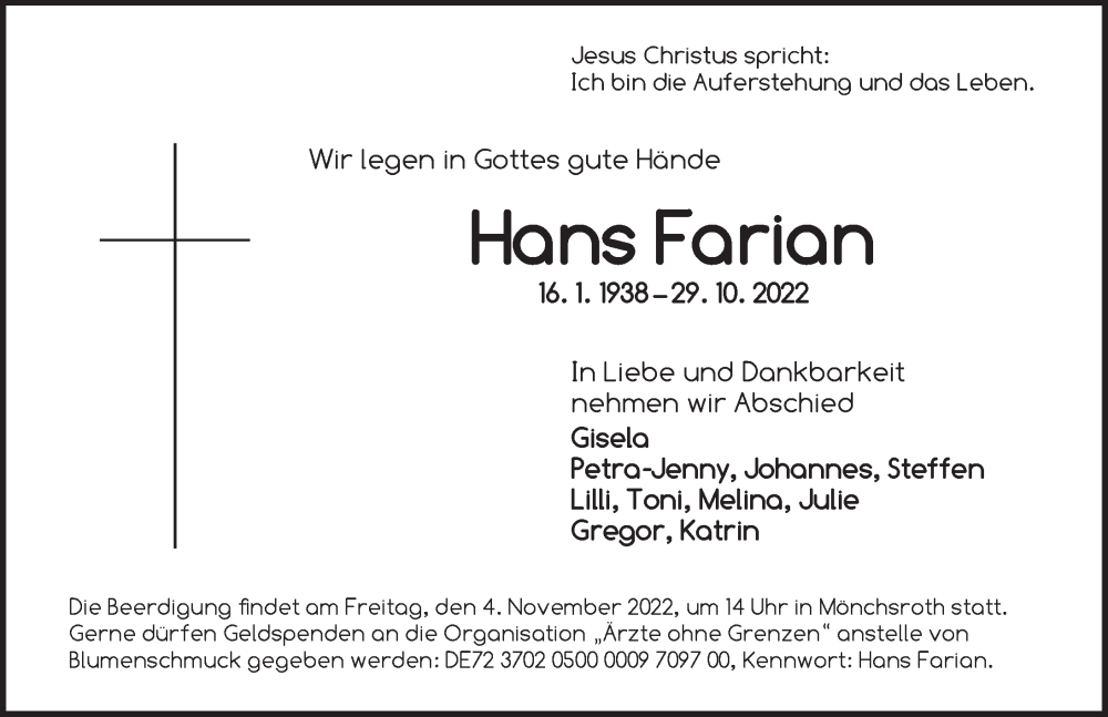  Traueranzeige für Hans Farian vom 03.11.2022 aus Dinkelsbühl/ Feuchtwangen