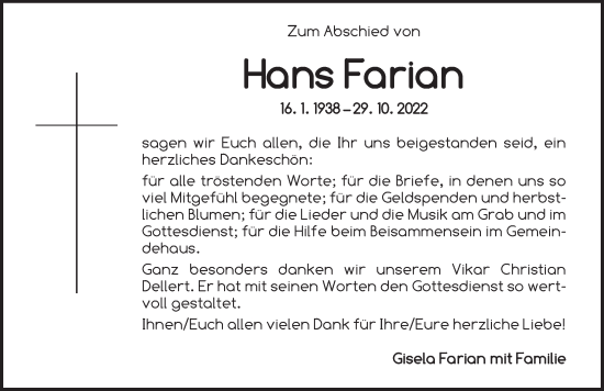 Traueranzeige von Hans Farian von Dinkelsbühl/ Feuchtwangen