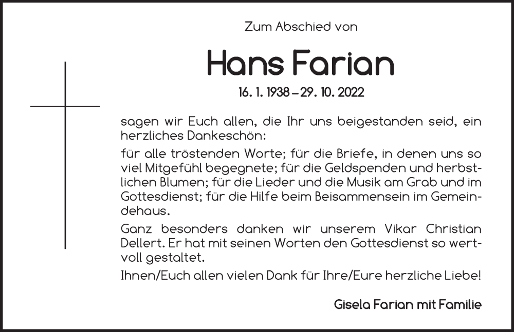  Traueranzeige für Hans Farian vom 19.11.2022 aus Dinkelsbühl/ Feuchtwangen