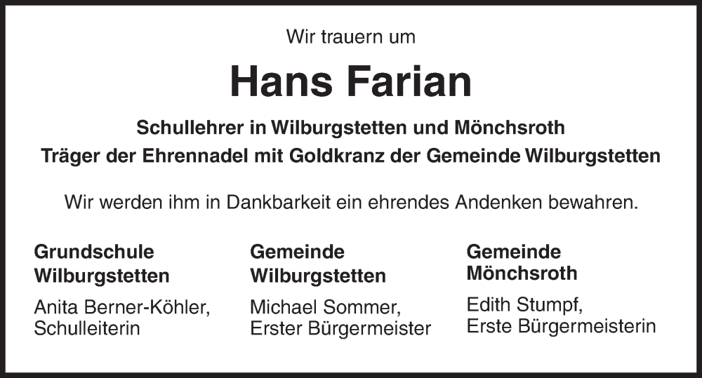  Traueranzeige für Hans Farian vom 04.11.2022 aus Dinkelsbühl/ Feuchtwangen