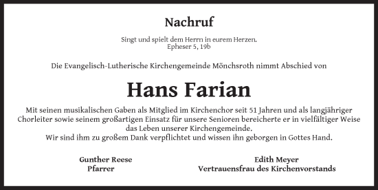 Traueranzeige von Hans Farian von Dinkelsbühl/ Feuchtwangen