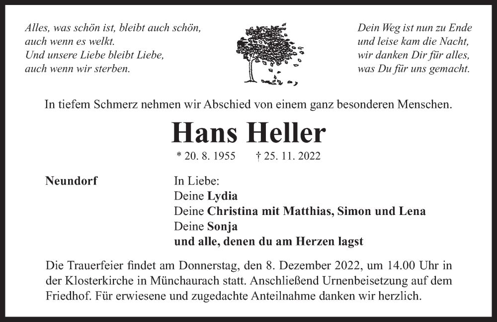  Traueranzeige für Hans Heller vom 30.11.2022 aus Neustadt/ Scheinfeld/ Uffenheim