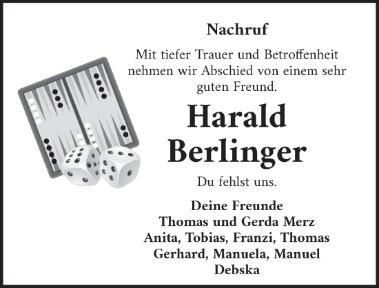 Traueranzeige von Harald Berlinger von Dinkelsbühl/ Feuchtwangen