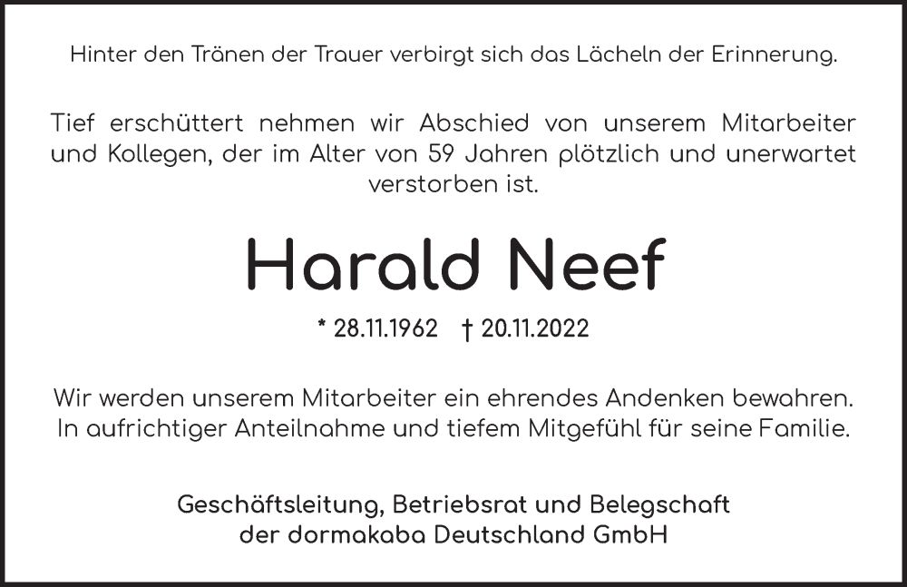  Traueranzeige für Harald Neef vom 30.11.2022 aus Rothenburg