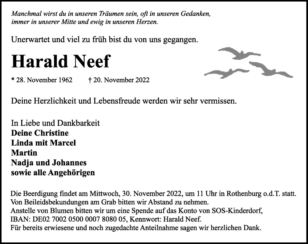  Traueranzeige für Harald Neef vom 28.11.2022 aus Rothenburg