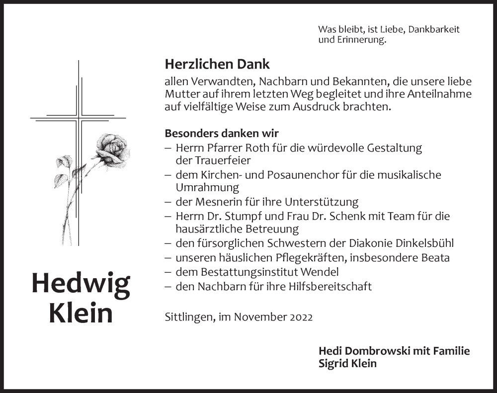  Traueranzeige für Hedwig Klein vom 26.11.2022 aus Dinkelsbühl/ Feuchtwangen