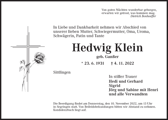 Traueranzeige von Hedwig Klein von Dinkelsbühl/ Feuchtwangen