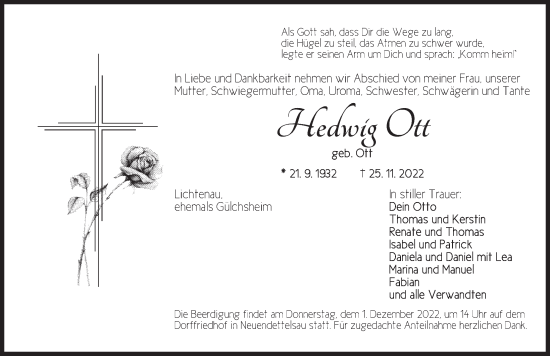 Traueranzeige von Hedwig Ott von Neustadt/ Scheinfeld/ Uffenheim