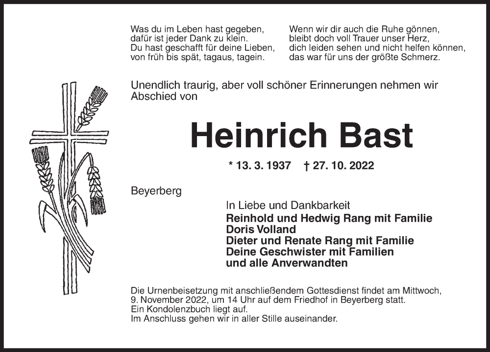  Traueranzeige für Heinrich Bast vom 05.11.2022 aus Dinkelsbühl/ Feuchtwangen