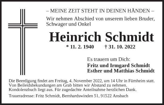 Traueranzeige von Heinrich Schmidt von Dinkelsbühl/ Feuchtwangen