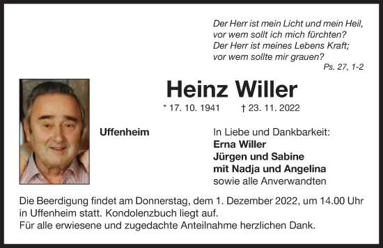 Traueranzeige von Heinz Willer von Neustadt/ Scheinfeld/ Uffenheim