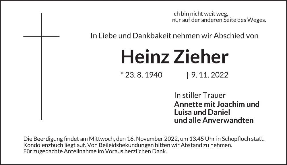  Traueranzeige für Heinz Zieher vom 14.11.2022 aus Dinkelsbühl/ Feuchtwangen