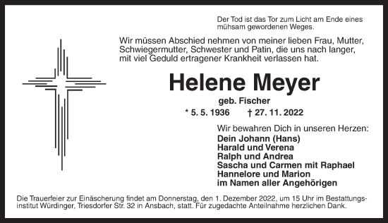 Traueranzeige von Helene Meyer von Ansbach