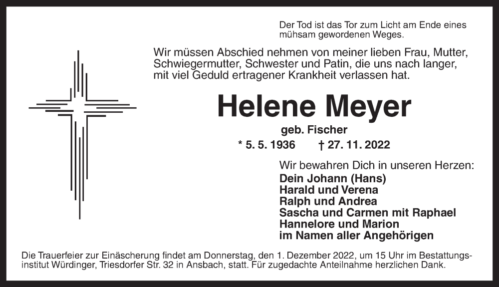  Traueranzeige für Helene Meyer vom 29.11.2022 aus Ansbach