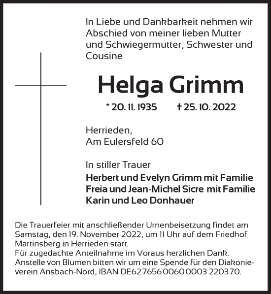 Traueranzeige von Helga Grimm von Ansbach