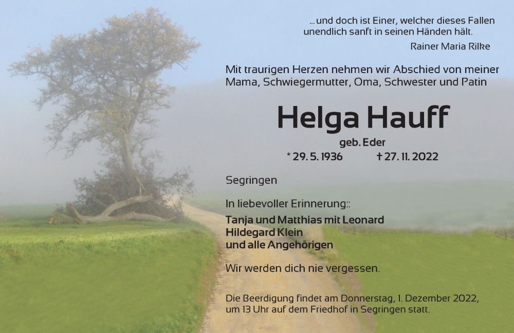  Traueranzeige für Helga Hauff vom 30.11.2022 aus Dinkelsbühl/ Feuchtwangen