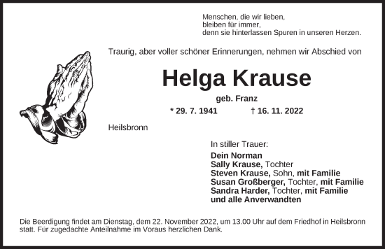 Traueranzeige von Helga Krause von Ansbach