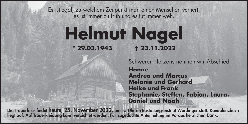  Traueranzeige für Helmut Nagel vom 25.11.2022 aus Ansbach