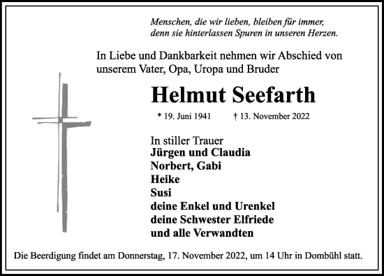 Traueranzeige von Helmut Seefarth von Dinkelsbühl/ Feuchtwangen