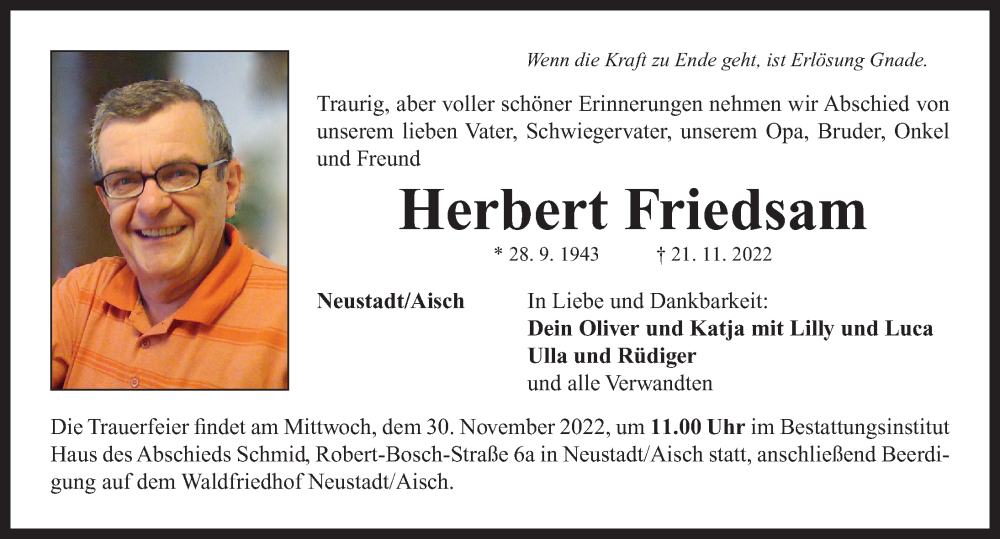  Traueranzeige für Herbert Friedsam vom 26.11.2022 aus Neustadt/ Scheinfeld/ Uffenheim