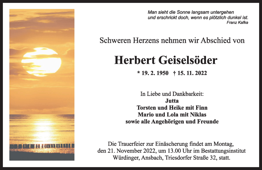  Traueranzeige für Herbert Geiselsöder vom 19.11.2022 aus Ansbach