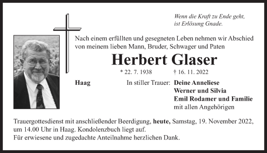 Traueranzeige von Herbert Glaser von Neustadt/ Scheinfeld/ Uffenheim