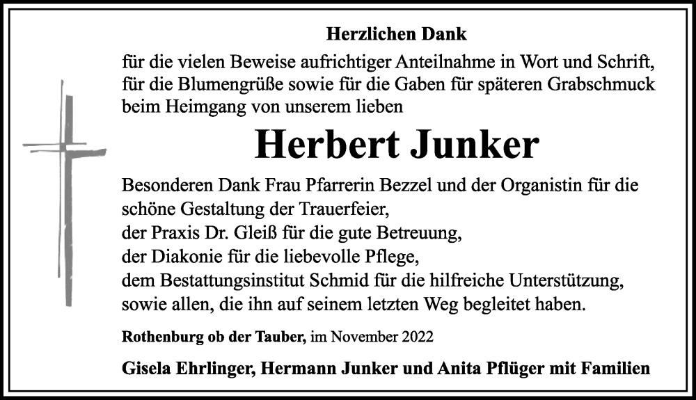  Traueranzeige für Herbert Junker vom 07.11.2022 aus Rothenburg