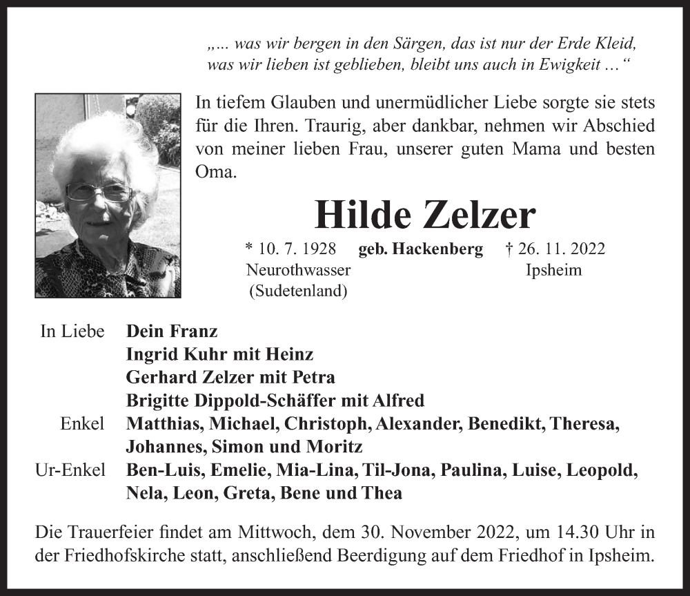 Traueranzeige für Hilde Zelzer vom 29.11.2022 aus Neustadt/ Scheinfeld/ Uffenheim