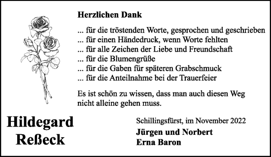 Traueranzeige von Hildegard Reßeck von Rothenburg