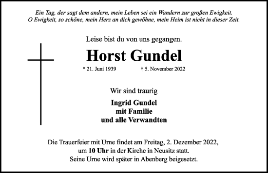 Traueranzeige von Horst Gundel von Rothenburg