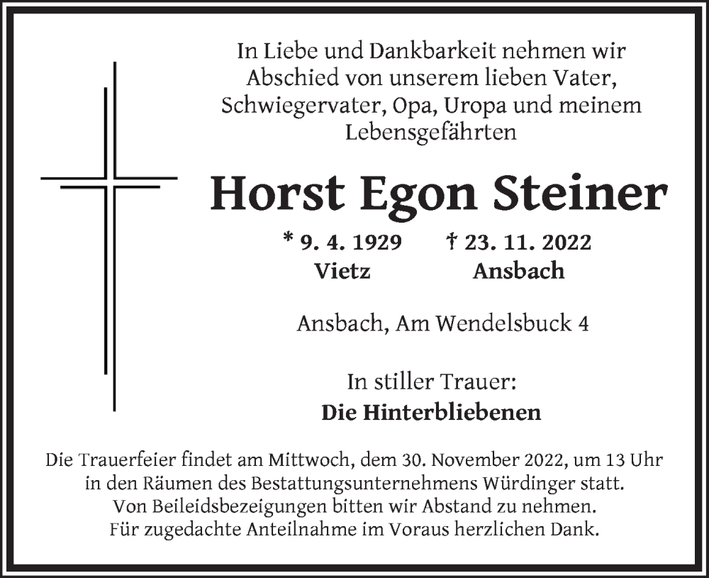  Traueranzeige für Horst Egon Steiner vom 26.11.2022 aus Ansbach